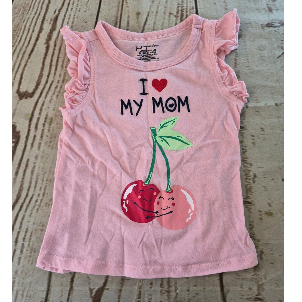 First Impressions Baby Girls Pink 'I Love My Mom' Cherry Flutter Sleeve Top 6-9M